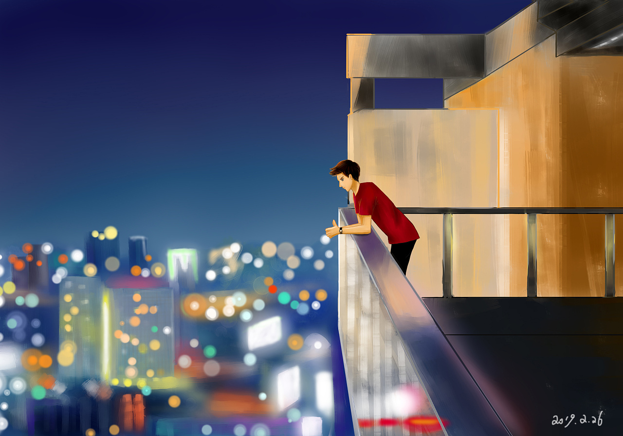 朦胧的城市中一个人站在楼顶俯瞰城市的喧嚣