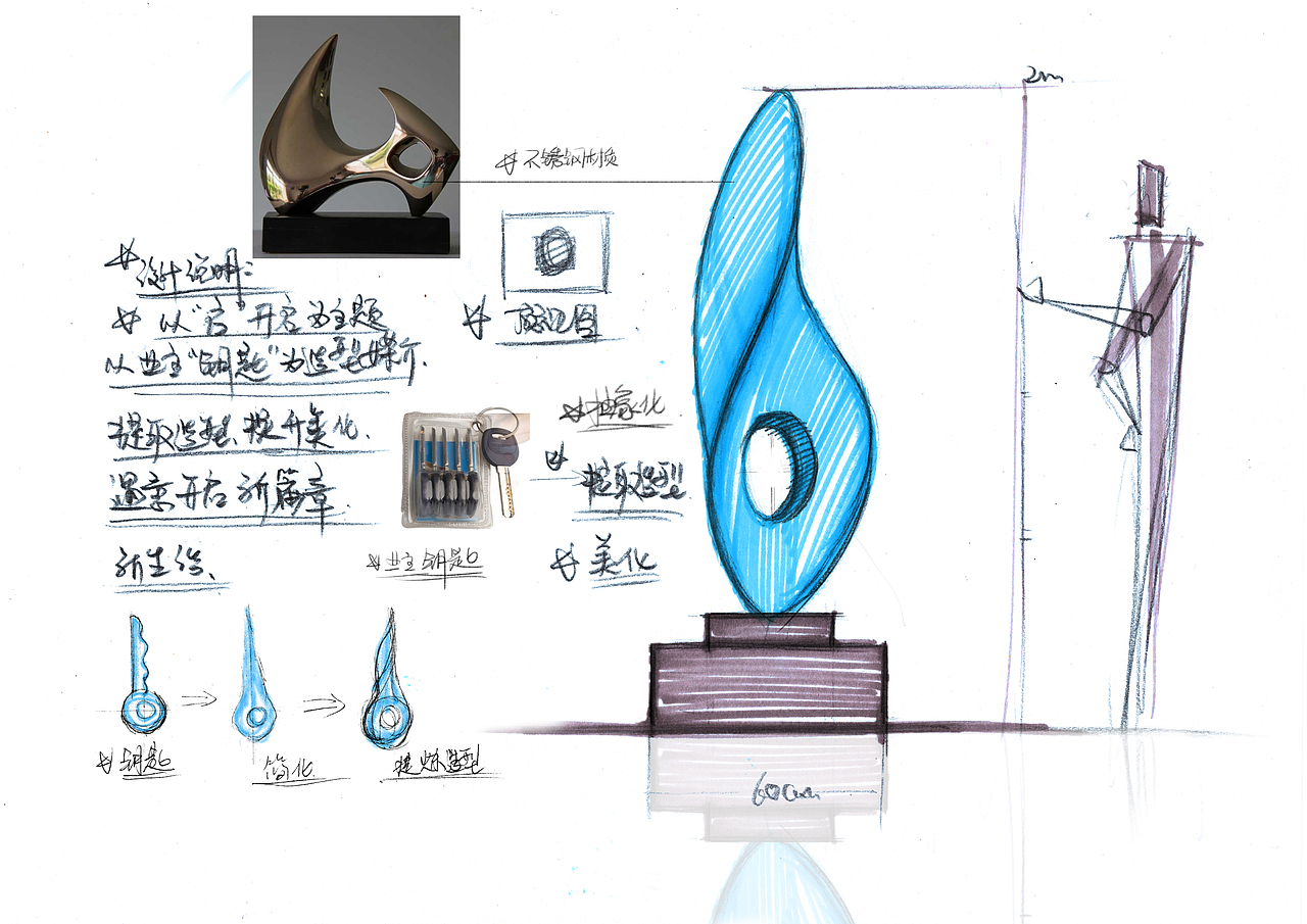 已业主钥匙为载体,用雕塑艺术抽象化,艺术化,原创创意雕塑设计。