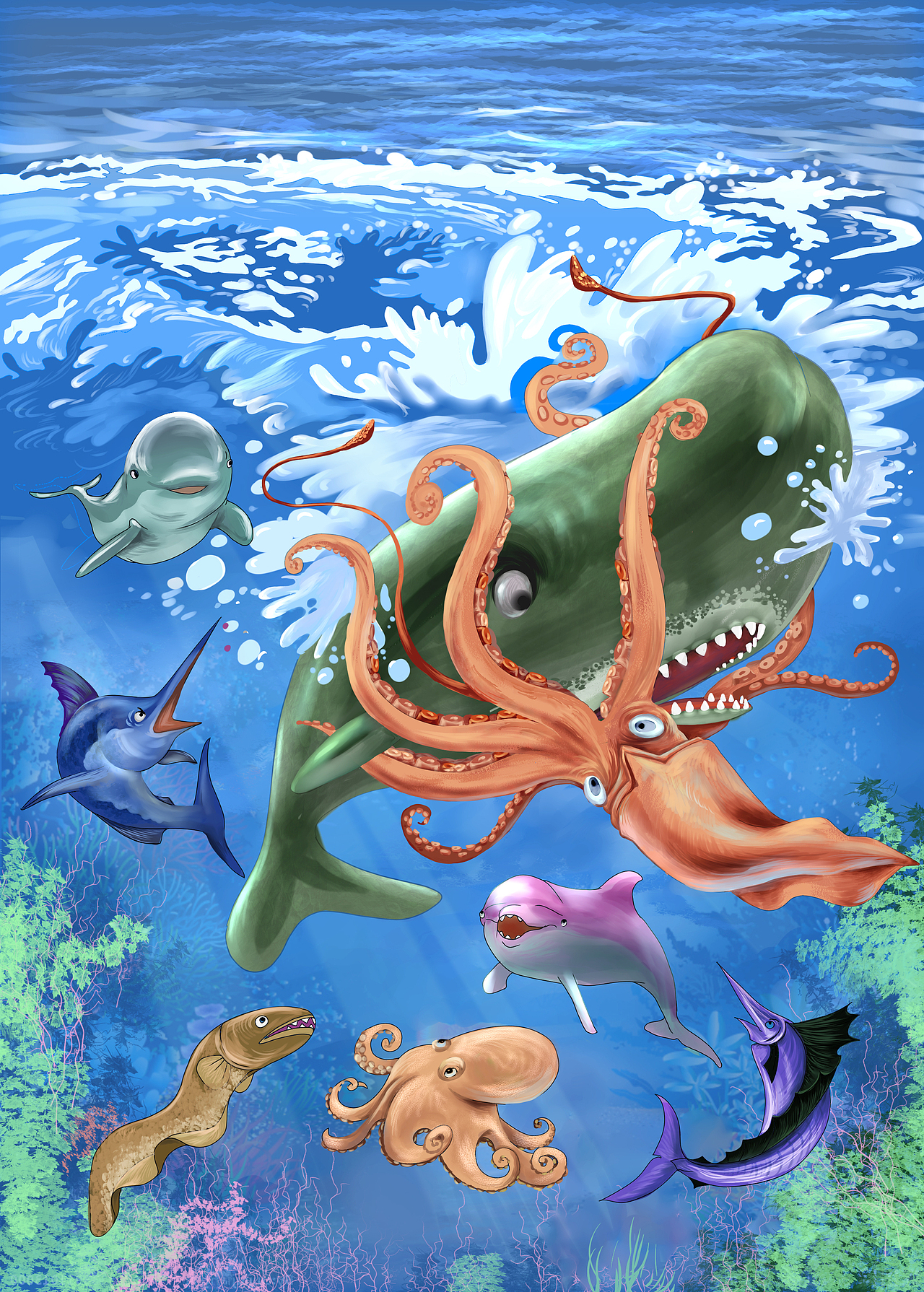 动物插图抹香鲸大战八爪鱼