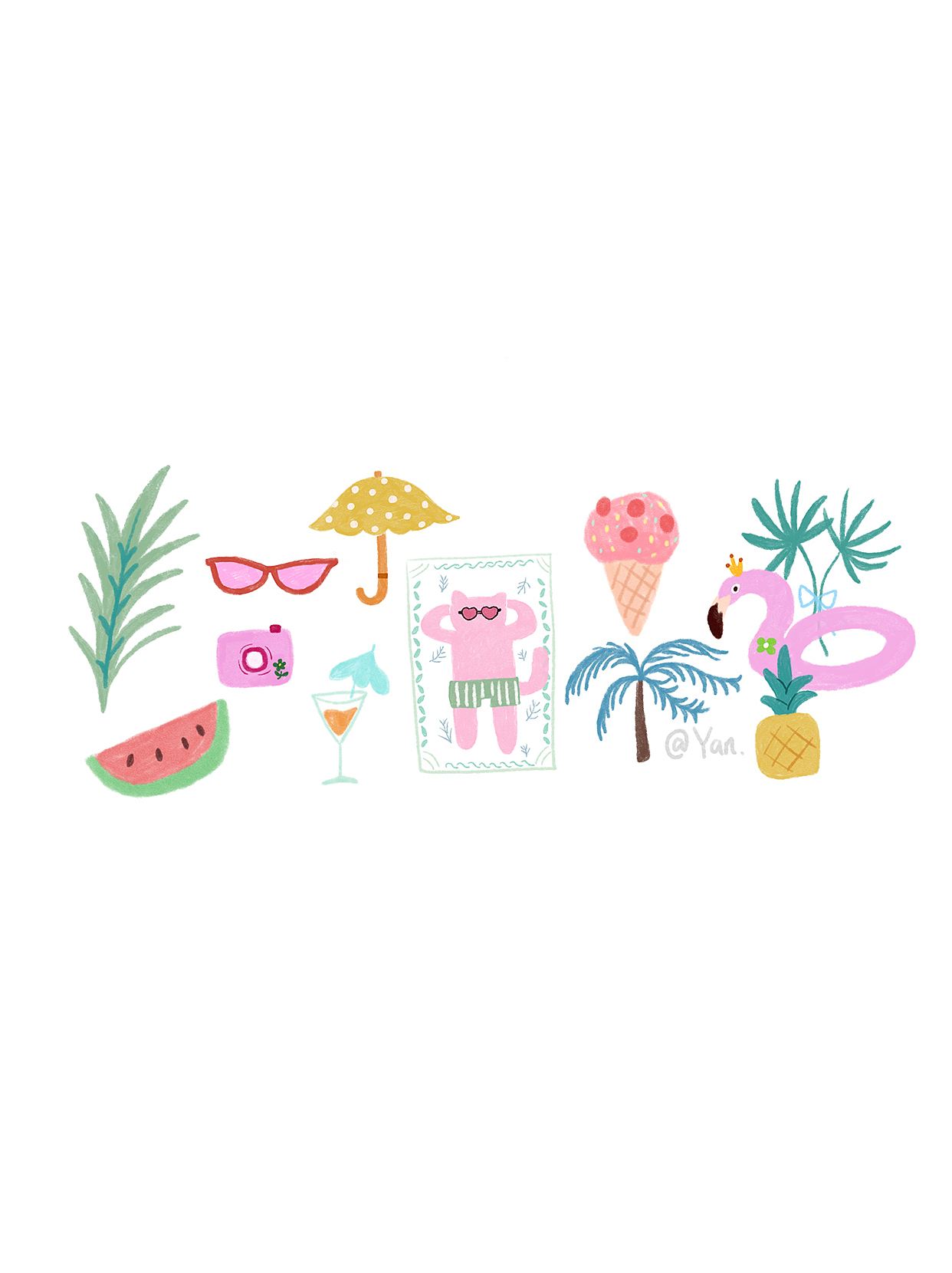 多巴胺风度假喵/小物插画