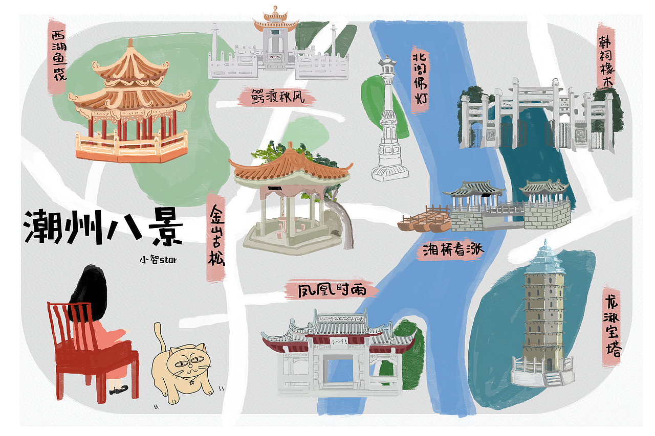 小智star ▏潮州外八景手绘地图（图ZMTQ0NDE2Mjgw） - 绘画 - 站酷设计师小智star原创素材 - 站酷ZCOOL