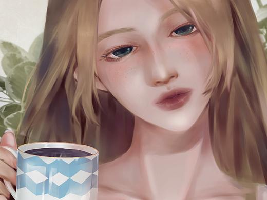 喝咖啡穿睡衣的少女