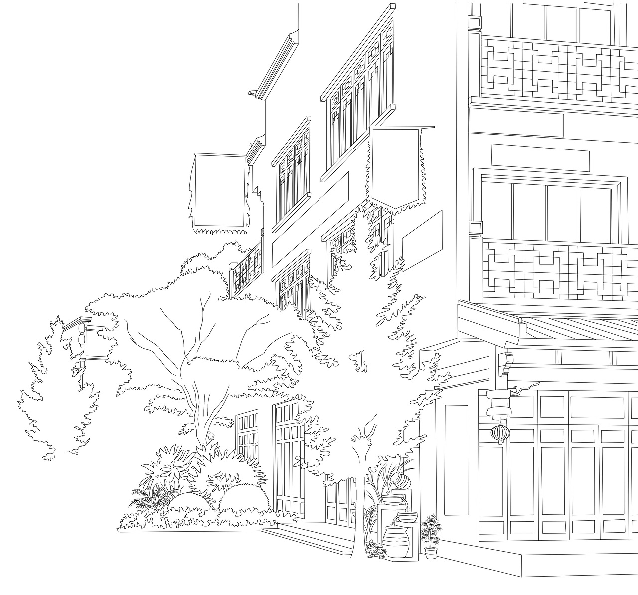 手绘建筑线描图