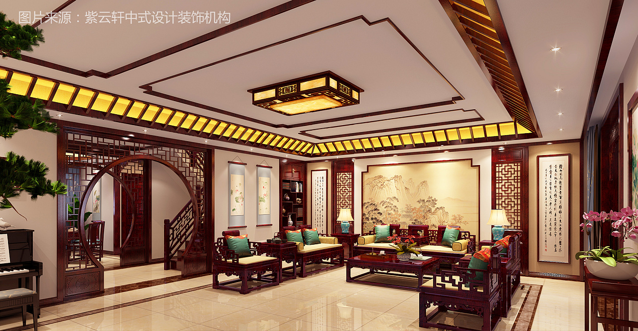 别墅中式装修效果图 客厅|空间|家装设计|紫云轩中式 - 原创作品
