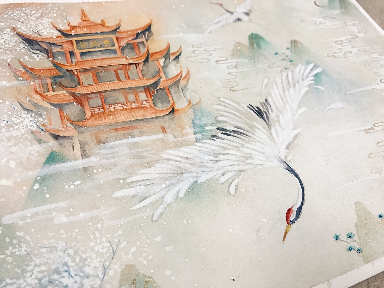 原创作品插画商业插画国风水彩手绘建筑古风无间冬夏798晓涵hans合适