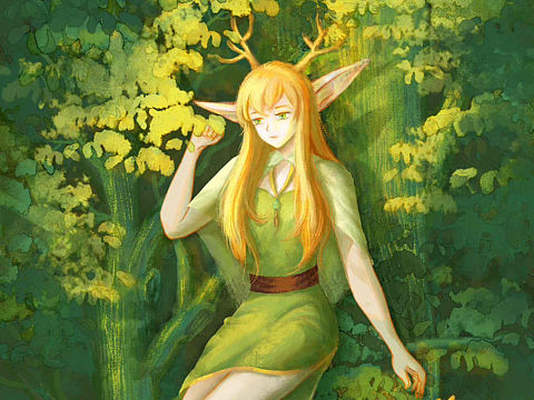 【插画 | 绿色森林中的精灵少女】