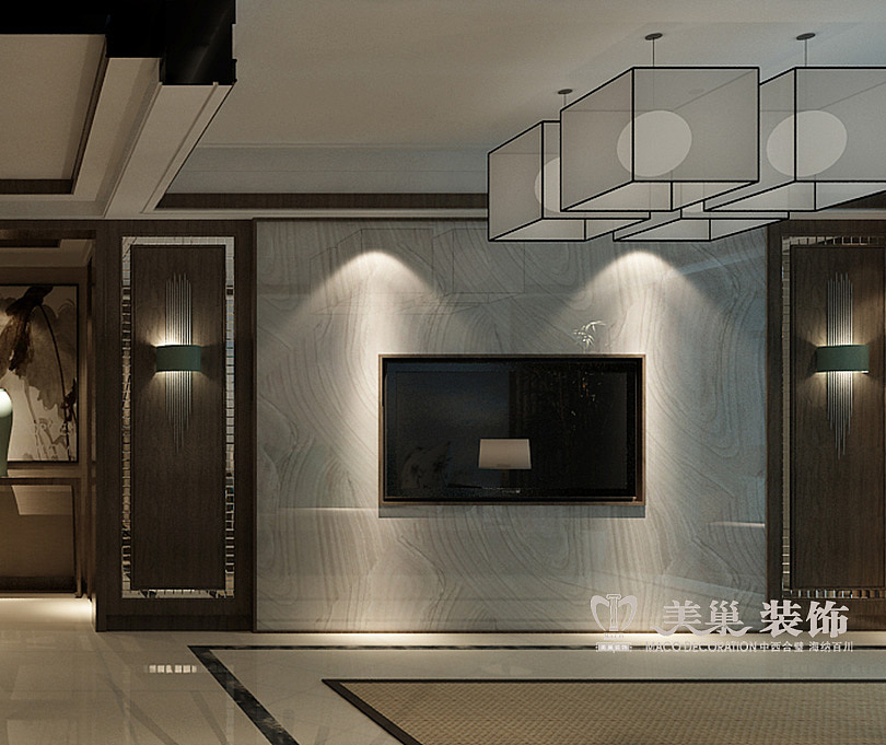 郑州法兰原著116平三房户型装修,新中式电视背景墙