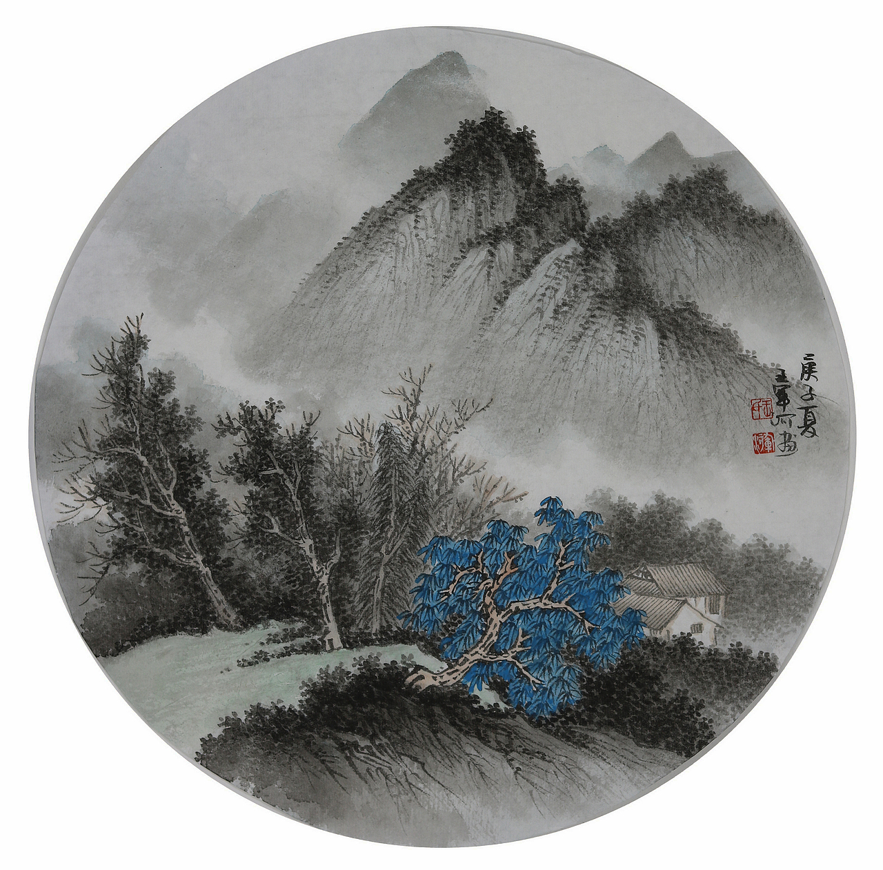 国画山水团扇 青绿山水画家王军河作品