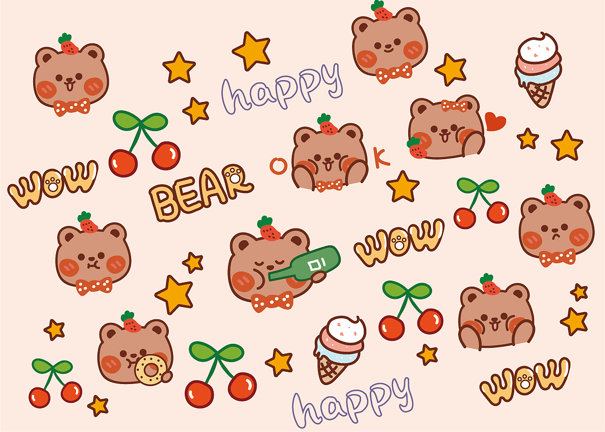 卡通手绘可爱熊表情包插画设计图案卡片贴纸毯子文创