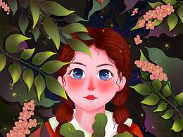 森系插画深林女孩