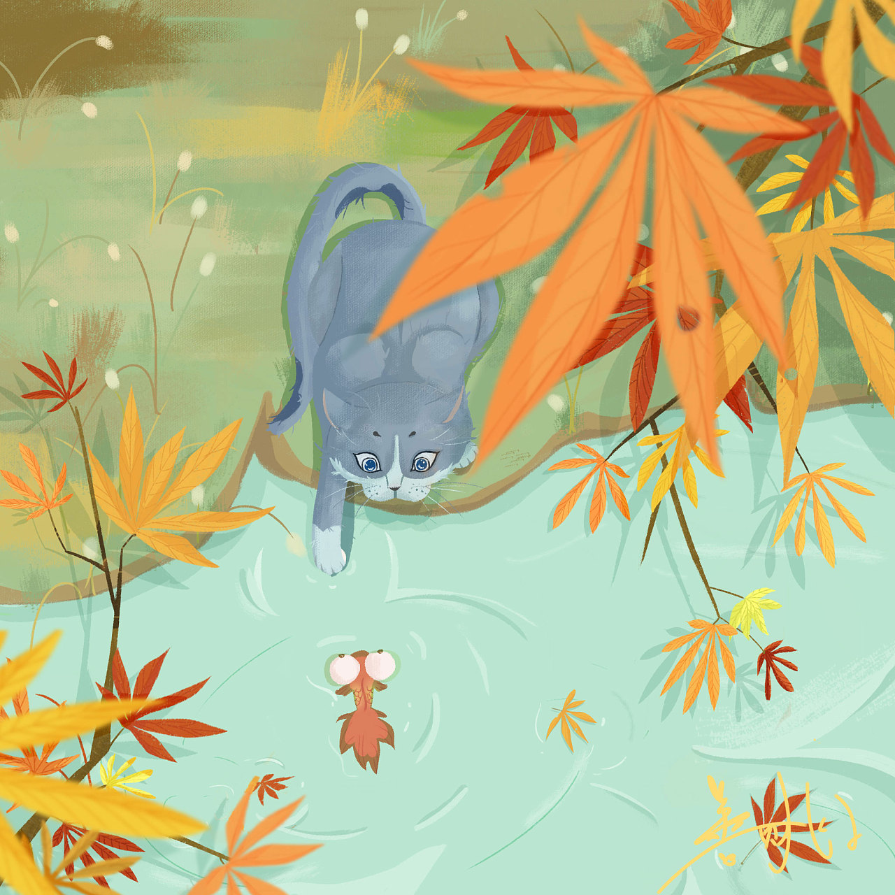 秋色猫咪捕鱼图|插画|儿童插画|善财桃子 - 原创作品 - 站酷 (zcool)