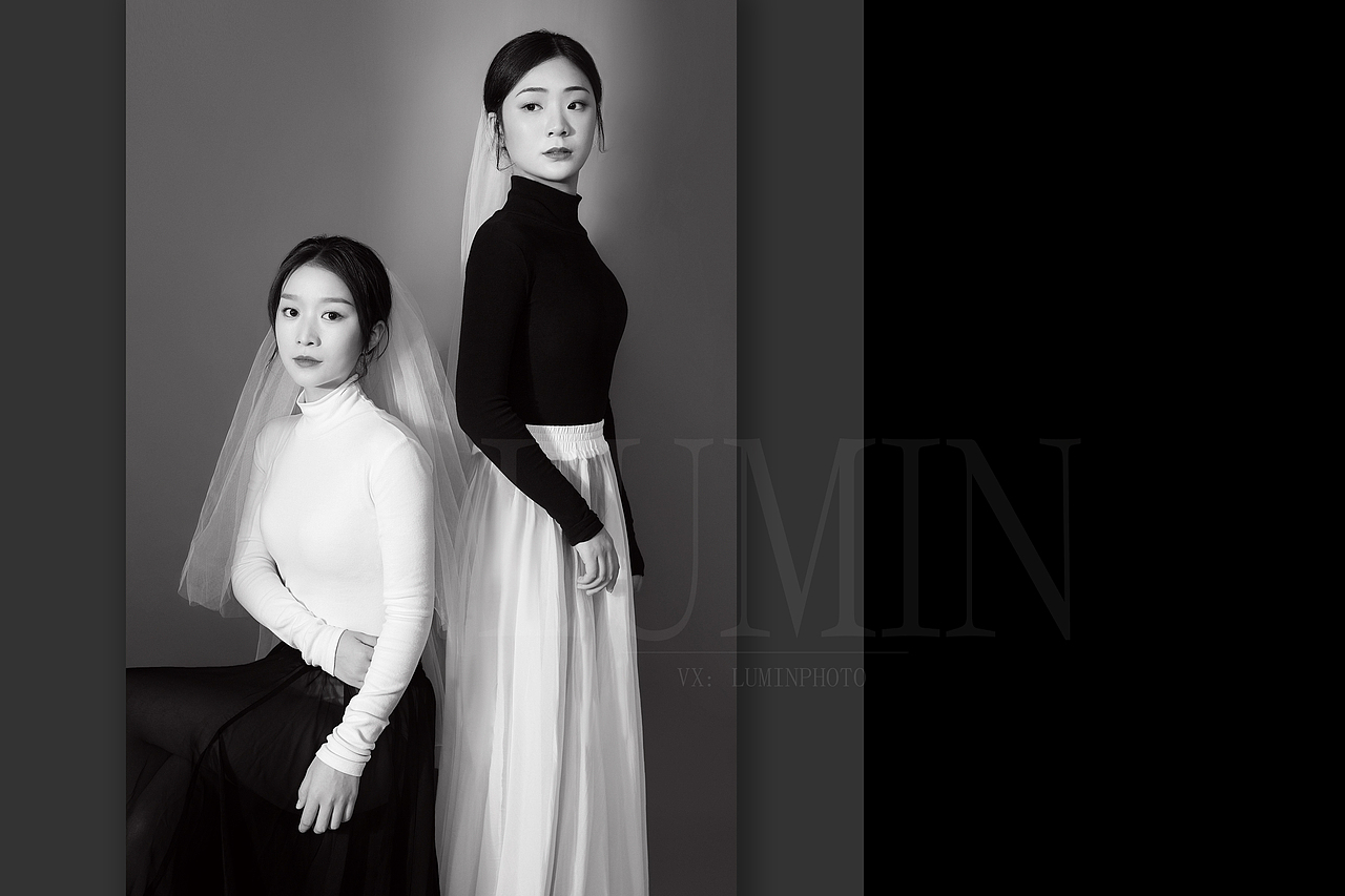 闺蜜写真 黑白 简约 头纱照 灰色调  黑白灰经典 双人