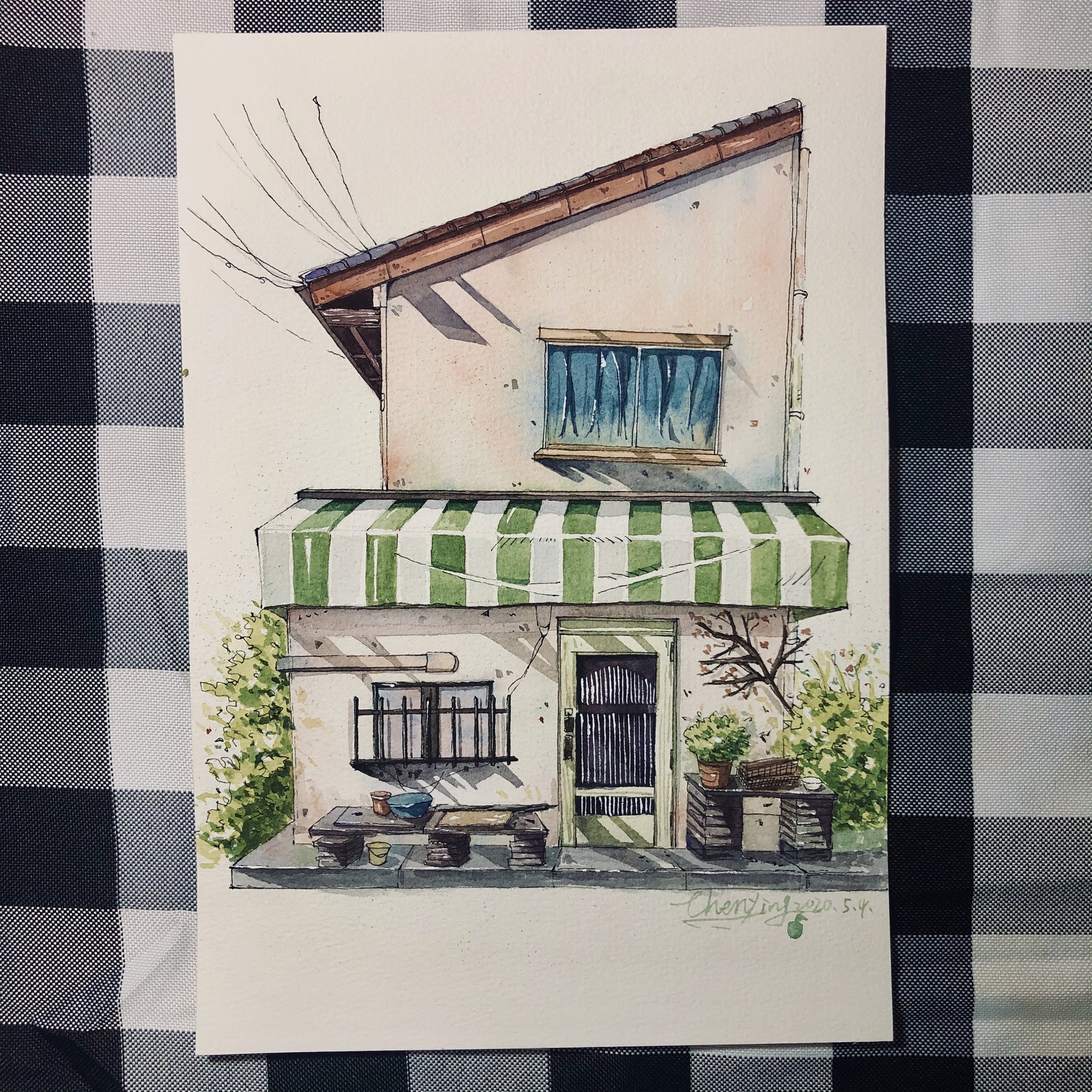 日式小屋水彩简单图片