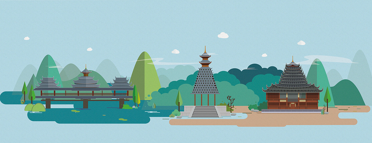 侗族三宝插画:风雨桥、鼓楼、寨门。