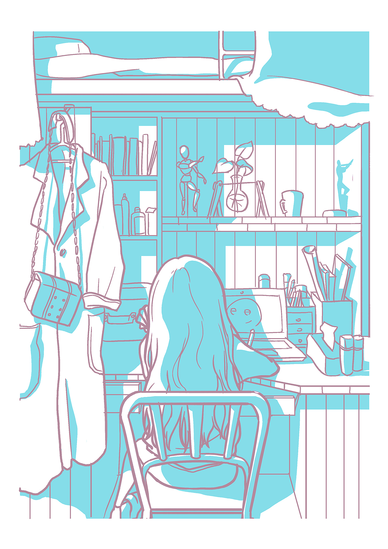 宿舍生活系列单色插画与丝网印刷