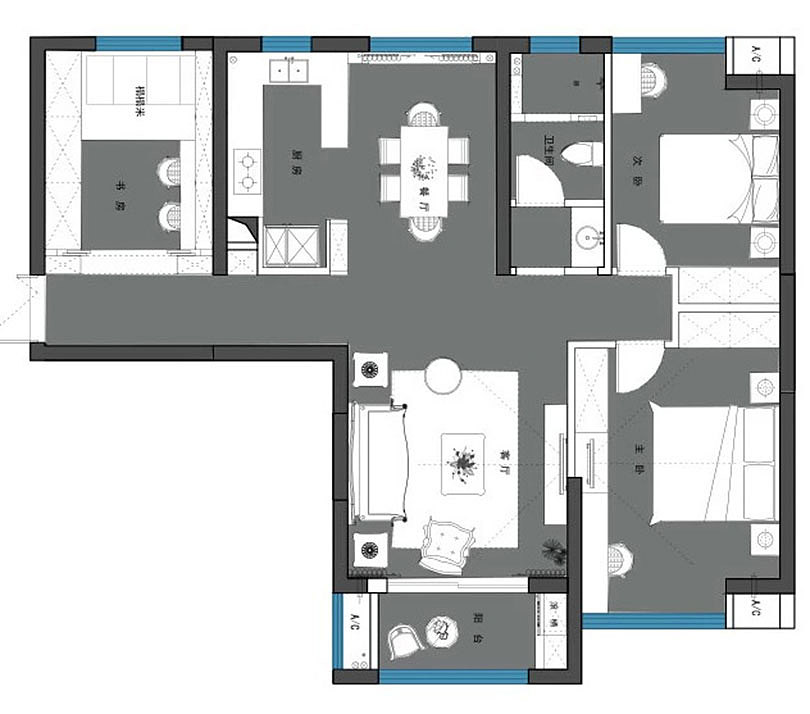 郑州瀚宇天悦三室两厅130平现代简约风格装修样板间设计---平面布局图