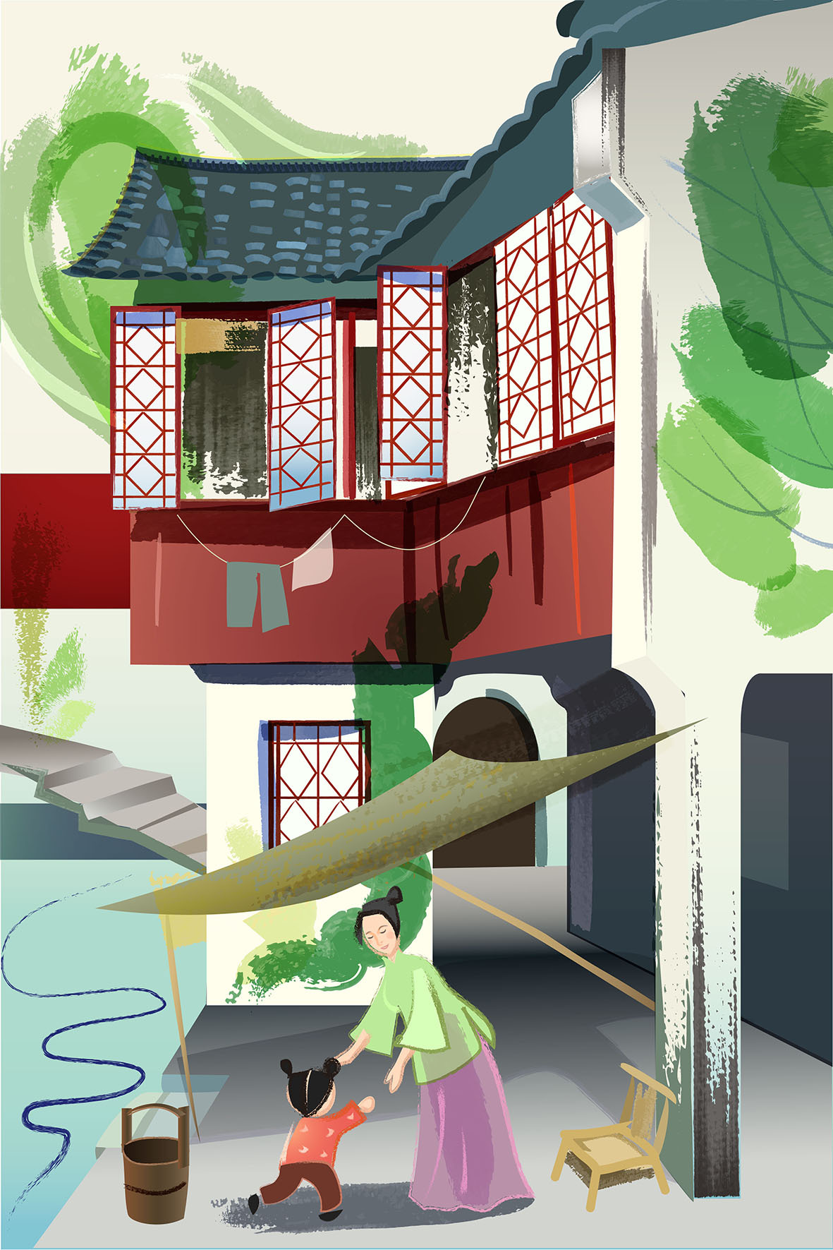 青绿小桥流水人家中国传统民居母子矢量插图|插画|商业插画|lalola