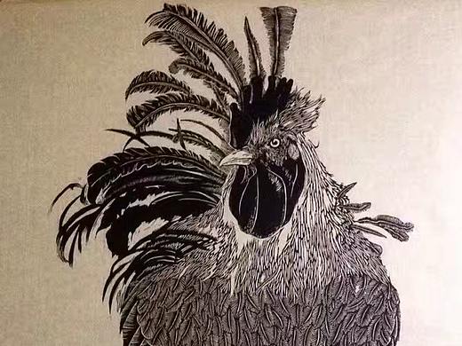 黑白木刻版画《鸡年大吉》