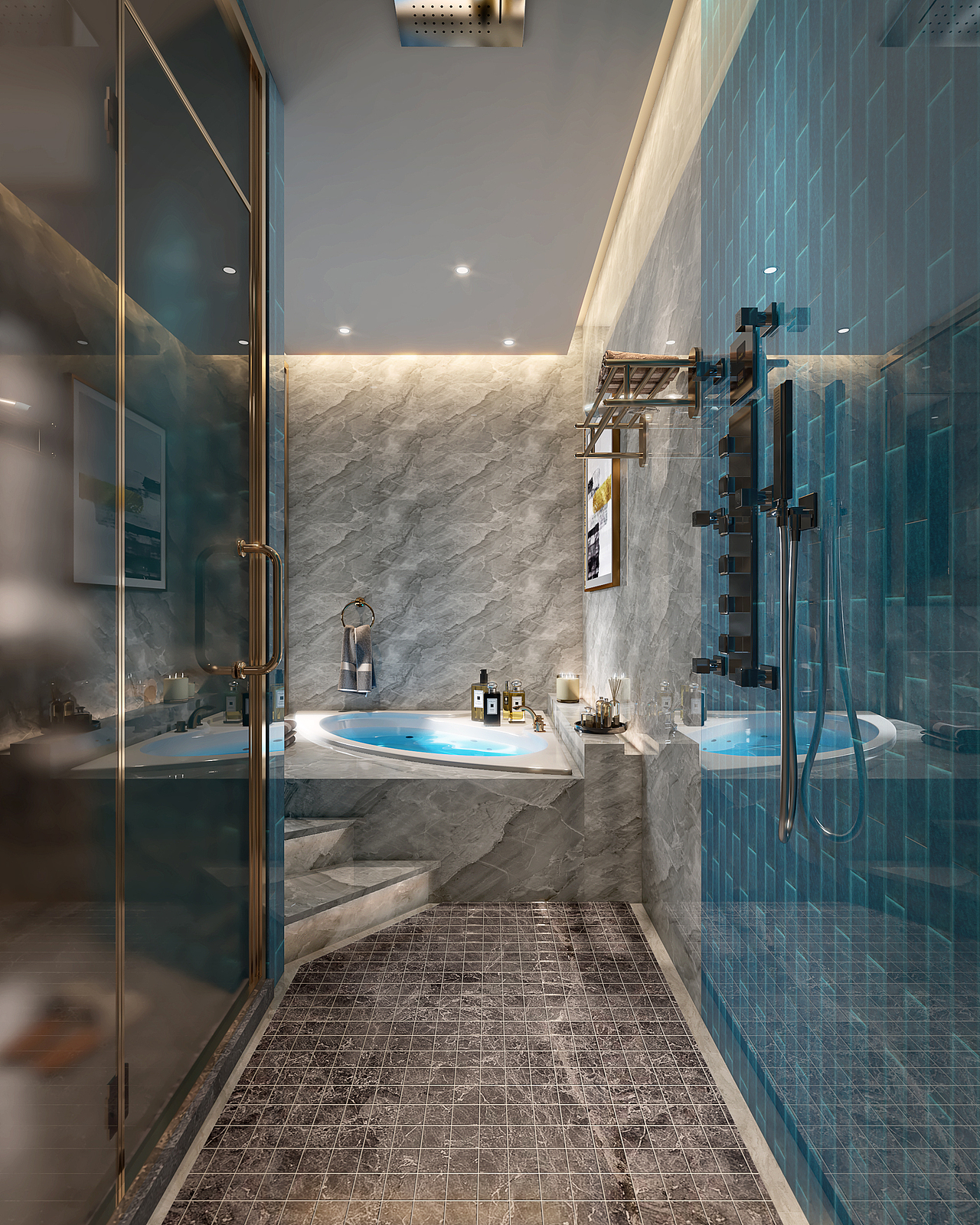 卫生间通过灯光与材质的巧妙融合，让空间更具光影变化及空间层次感。通过大理石纹材料的应用，在奢华之余，制造出一种原生态质感。