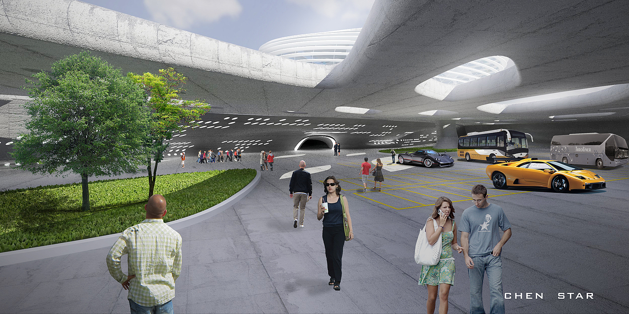 地下停车场停放来自文化艺术中心环线的自驾游车辆与旅游大巴,内部设有绿地,顶部结合景观布有许多天井。