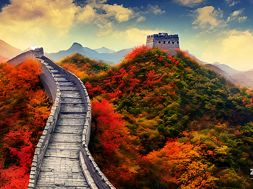 #站酷梦笔#中国长城，奇幻山中，雄伟的，秋天的风景，