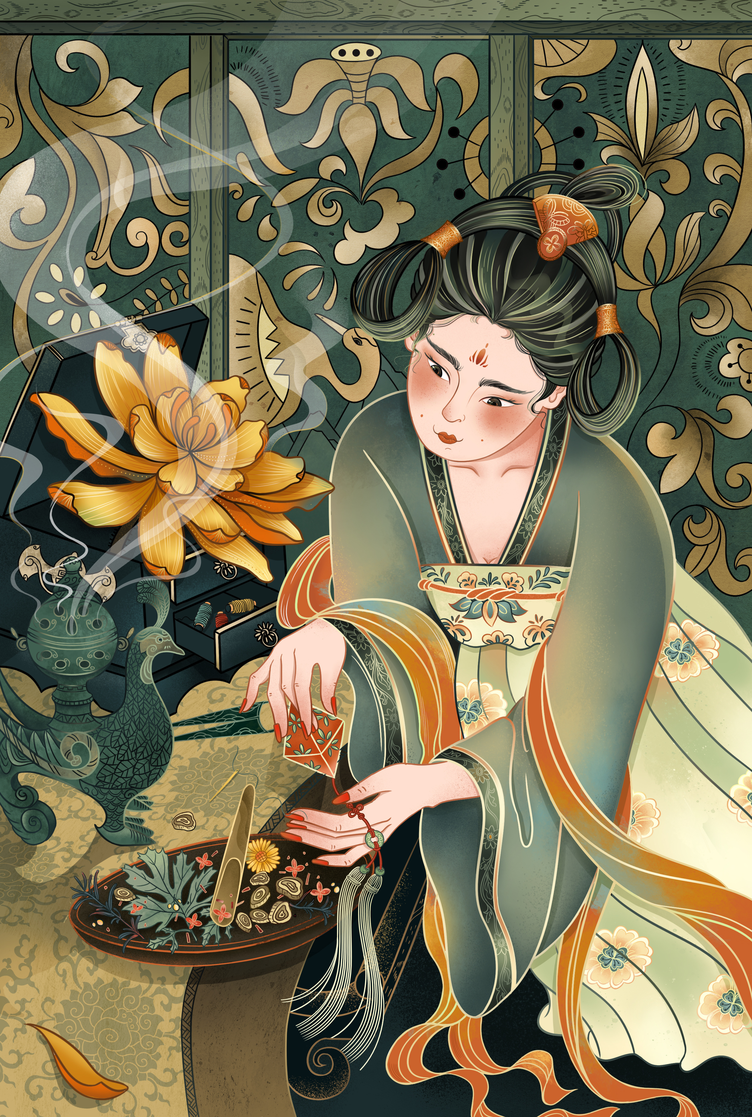 国风插画-《做香囊》