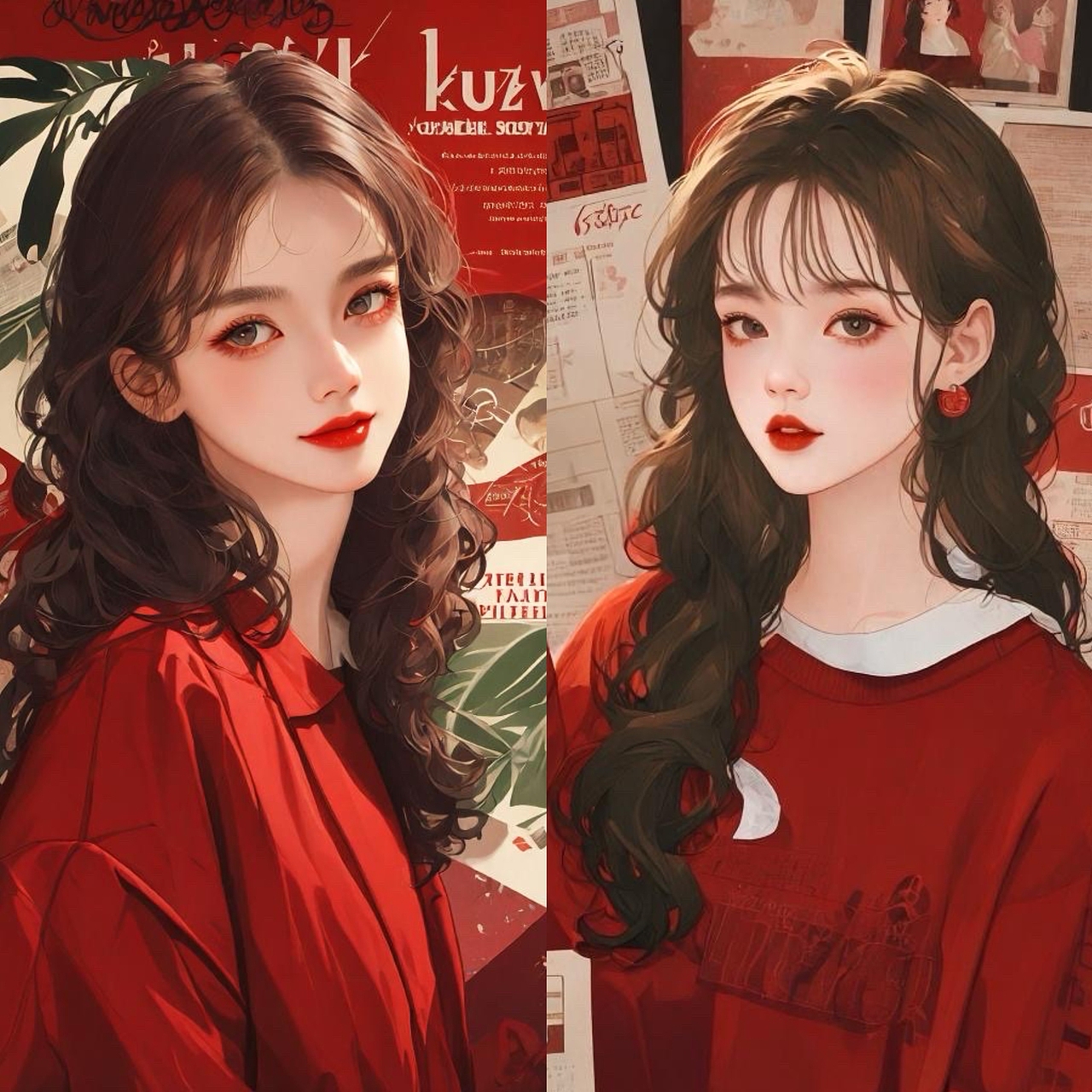 原创酒红色霸气漫画女孩