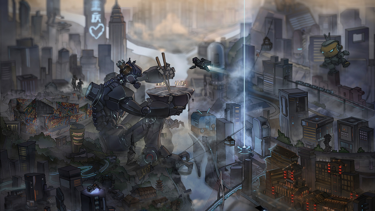 最近为门罗机器人绘制的一张微缩重庆未来城市的场景插画,我把很多