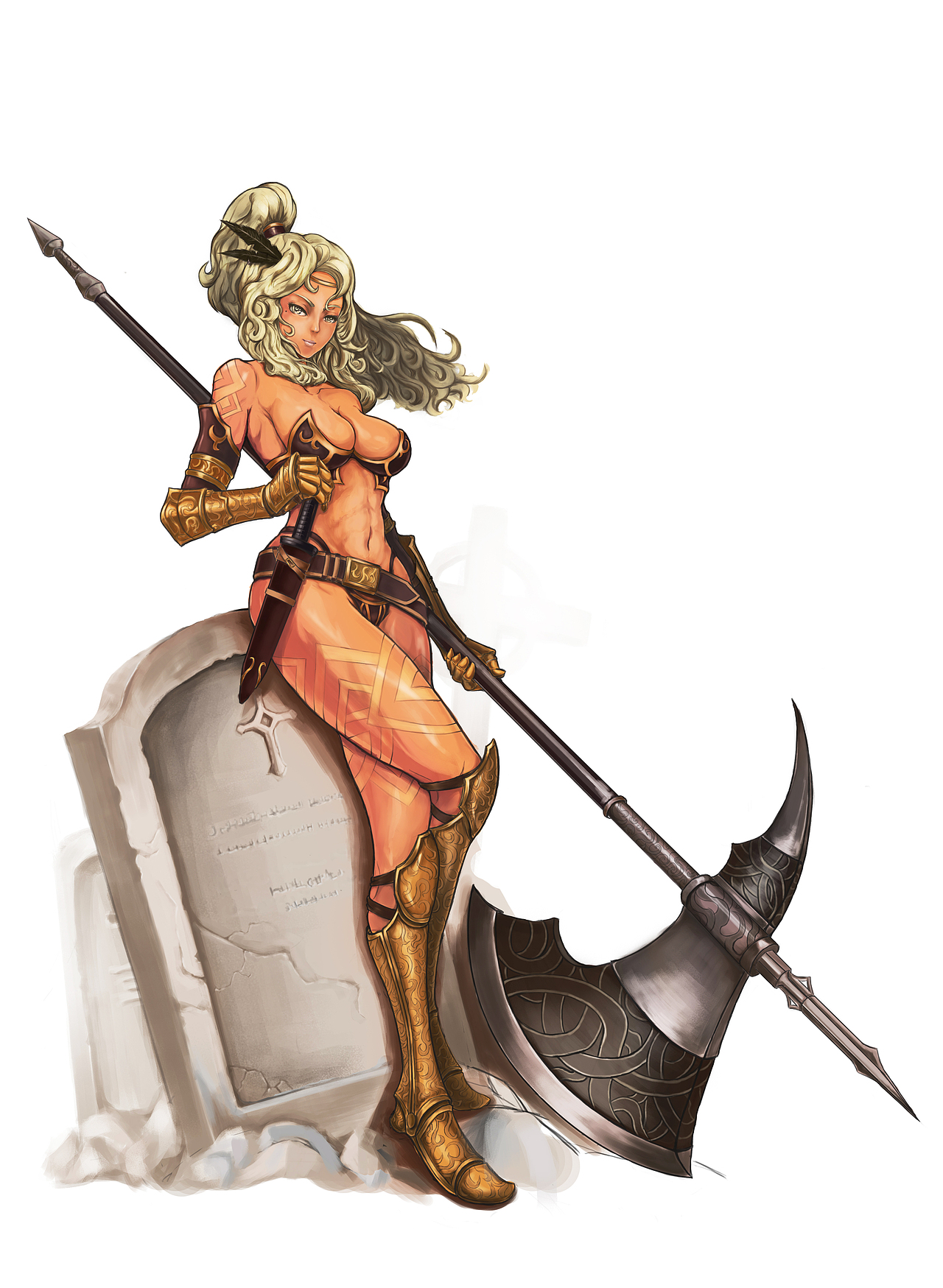 接着平涂填入底色,接着加入了明暗变化,刻画五官,刻画武器盔甲等等