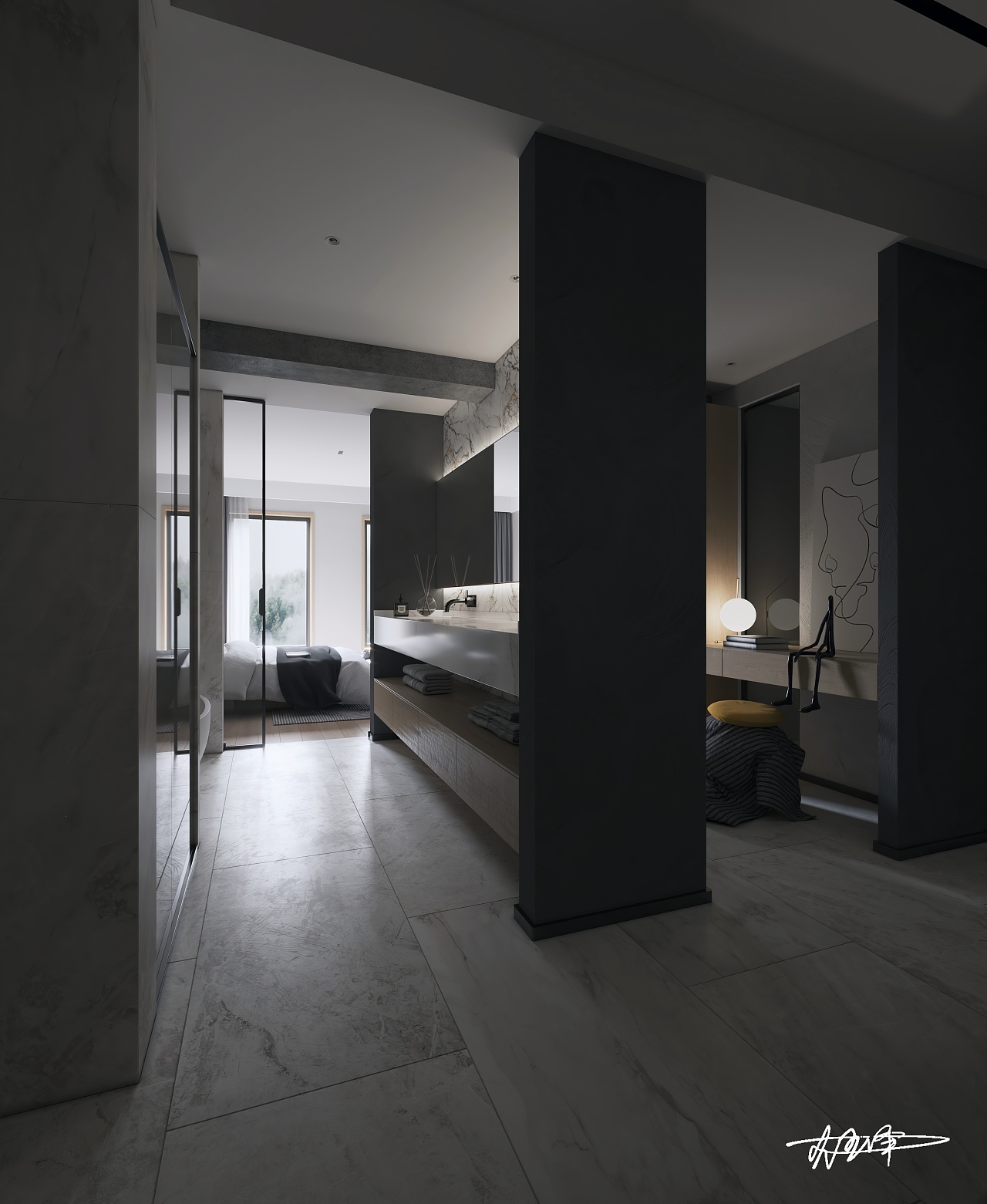 灰色系卧室效果图表现