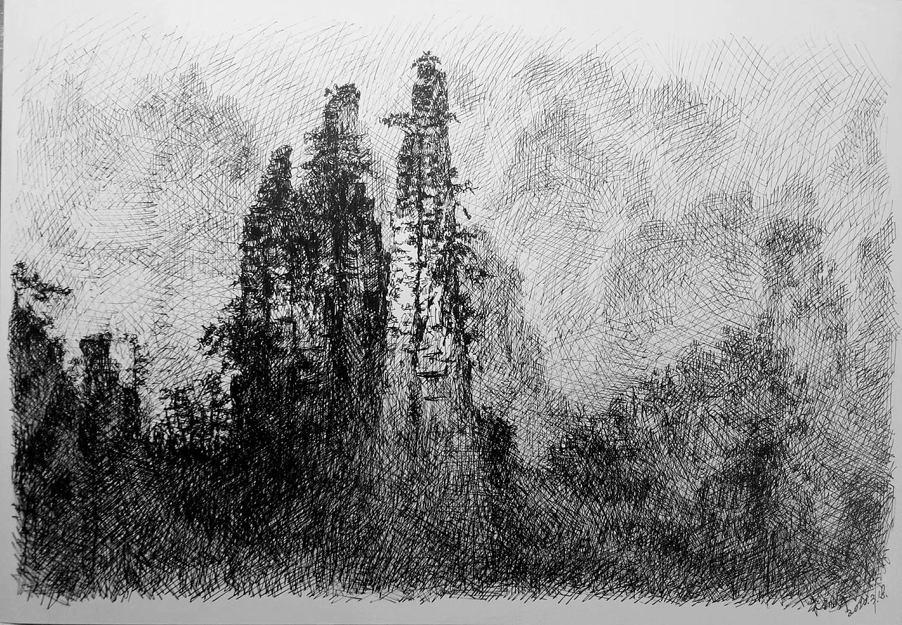 钢笔画风景《山系列》