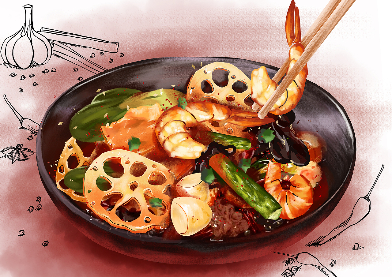 手绘食物餐饮插画麻辣香锅（图ZMjI4ODQwMzky） - 商业插画 - 站酷设计师筱妮儿原创素材 - 站酷ZCOOL
