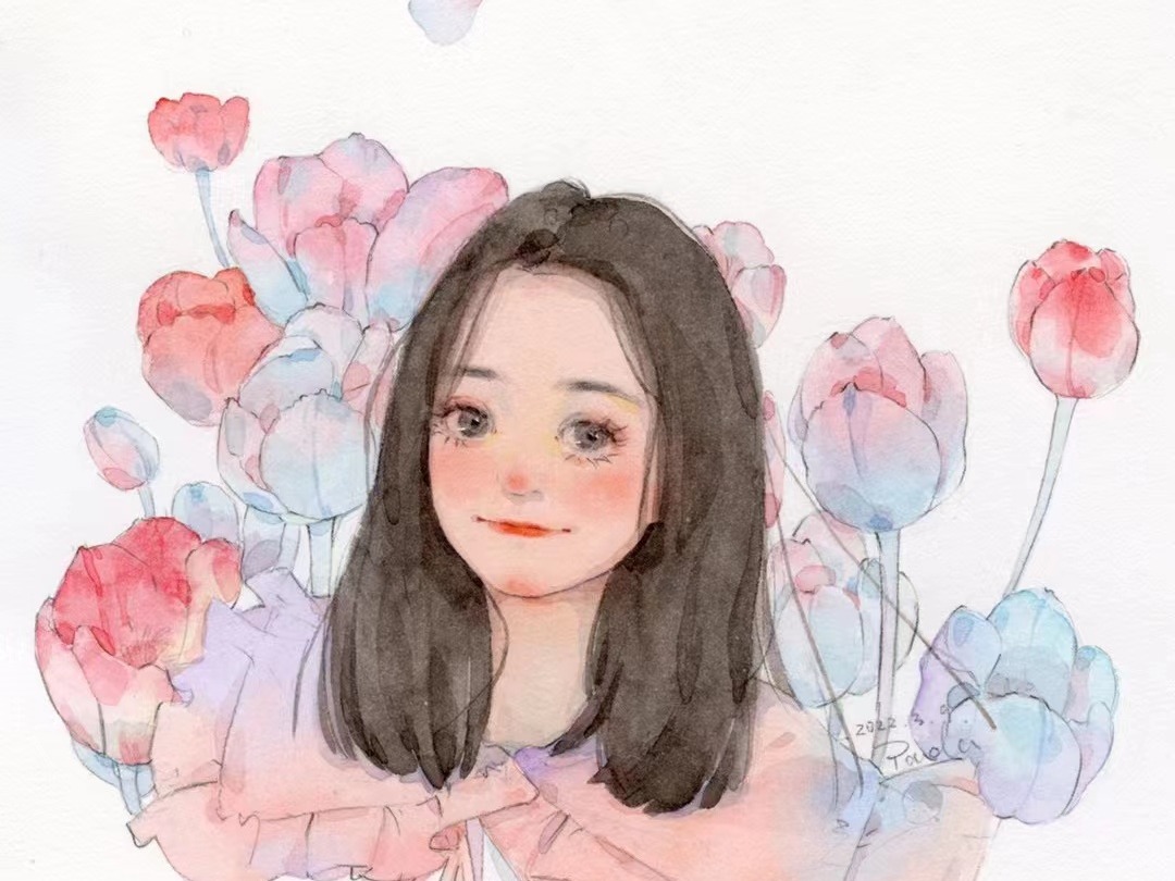春日的歌 给朋友画的水彩头像 手绘插画 卡通 水彩教程
