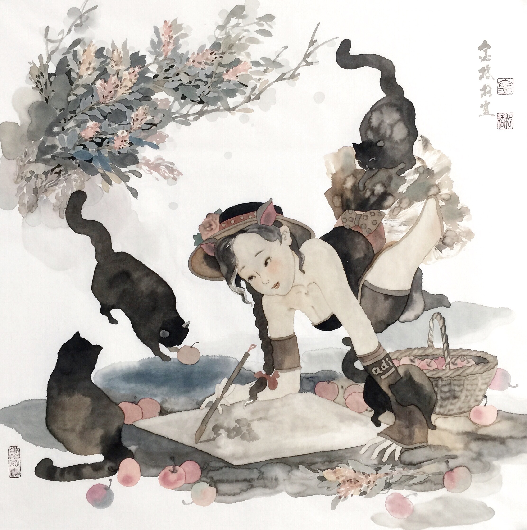 俏佳人系列之猫咪女郎|纯艺术|国画|金格格金格格 - 原创作品 - 站酷