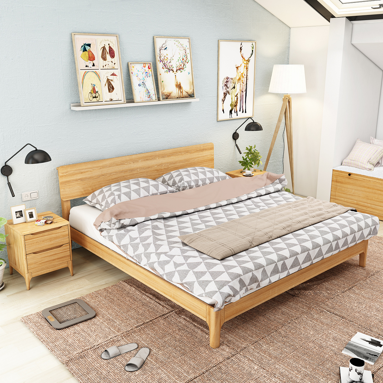 北欧风格实木床，实木家具设计一一《卧室晨光》 家具3D效果设计 ，卧室设计|工业/产品|生活用品|艺帮设计 - 原创作品 - 站酷 (ZCOOL)