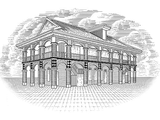 遵义会议遗址建筑线稿插画版画