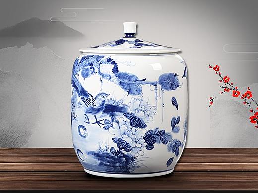家具瓷器手绘青花瓷锦鸡荼叶罐详情页