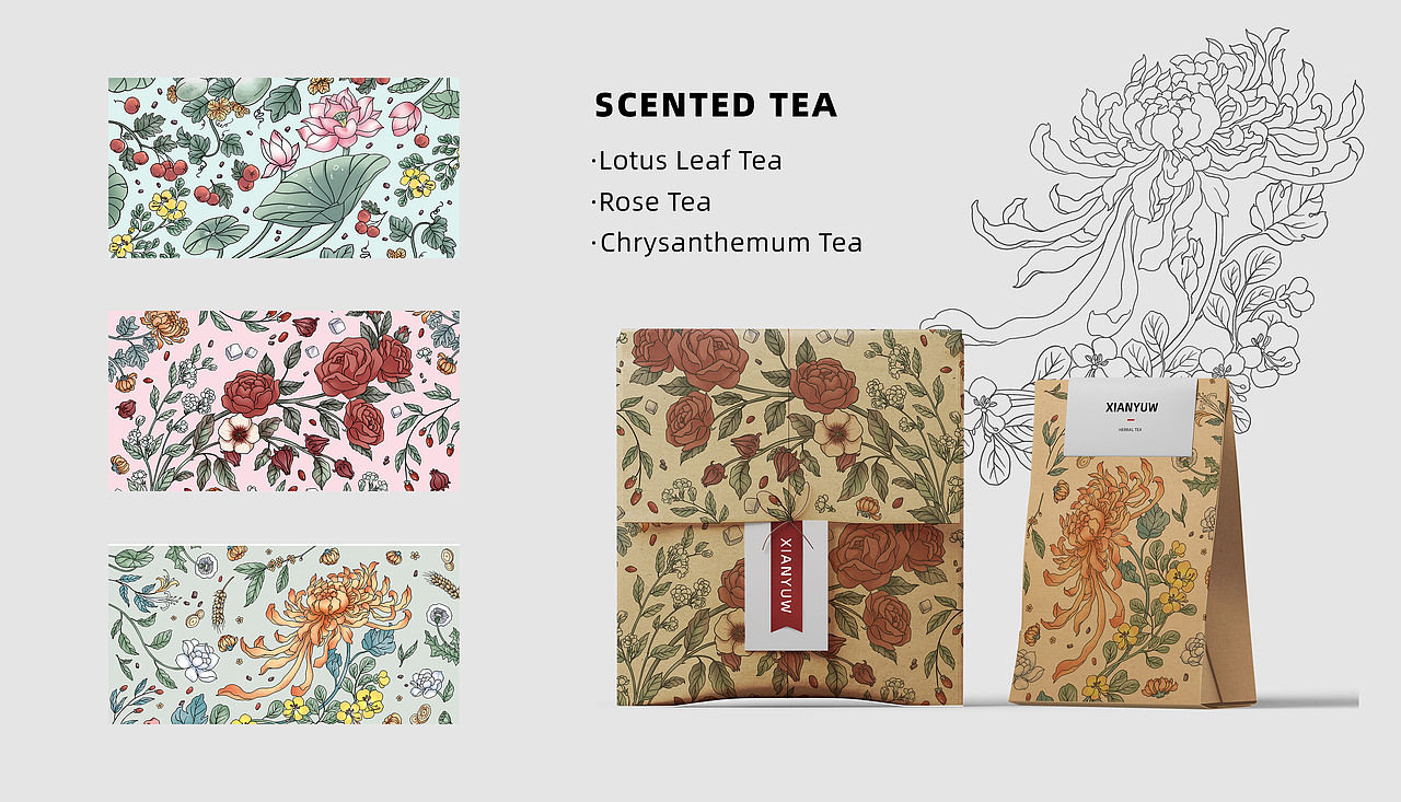 线描植物·云南花草茶包装插画