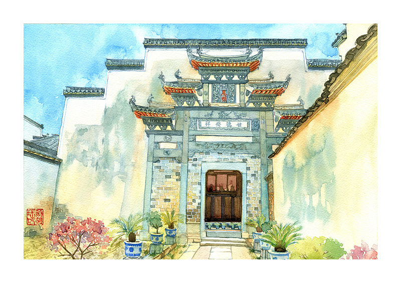 手绘城市系列——《安徽宏村》