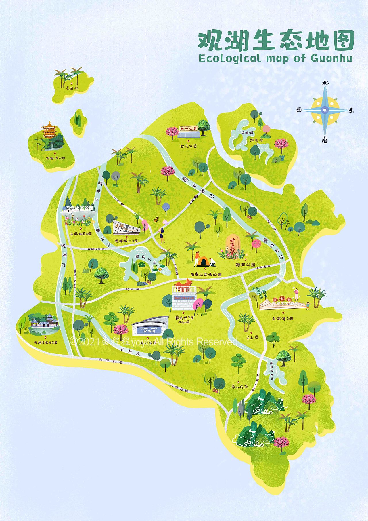 深圳观湖手绘地图（图ZMjUxNDEwMjky） - 商业插画 - 站酷设计师由程程yoyo原创素材 - 站酷ZCOOL