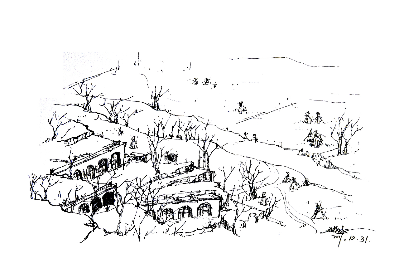 黄土高原风景——窑洞速写