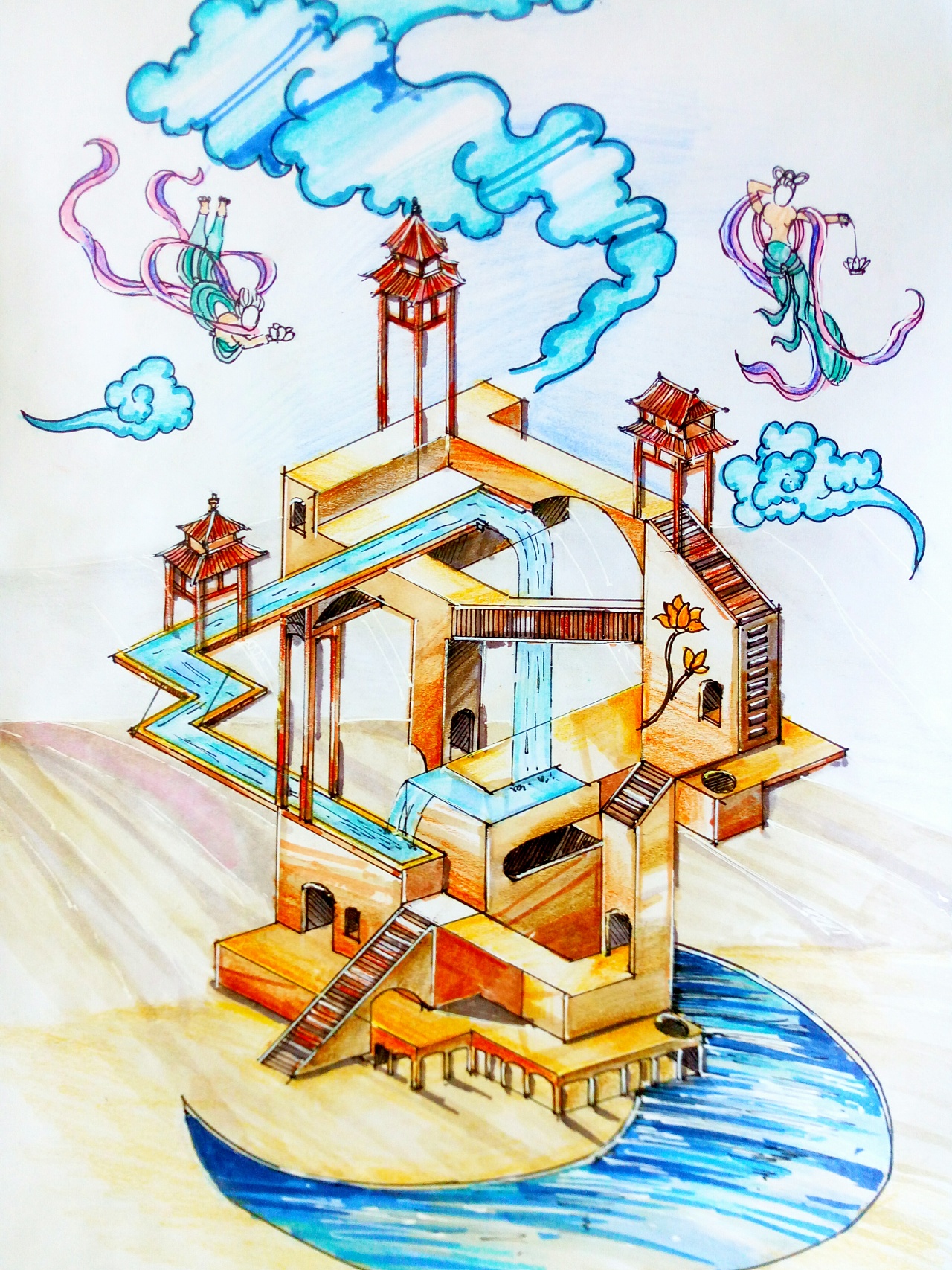 鸣沙山莫高窟中的纪念碑塔|插画|商业插画|大党 - 原创作品 - 站酷