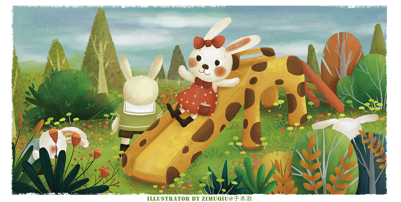 系列儿童插画——阴雨天标签小兔子滑滑梯儿童插画儿插绘本插图作品
