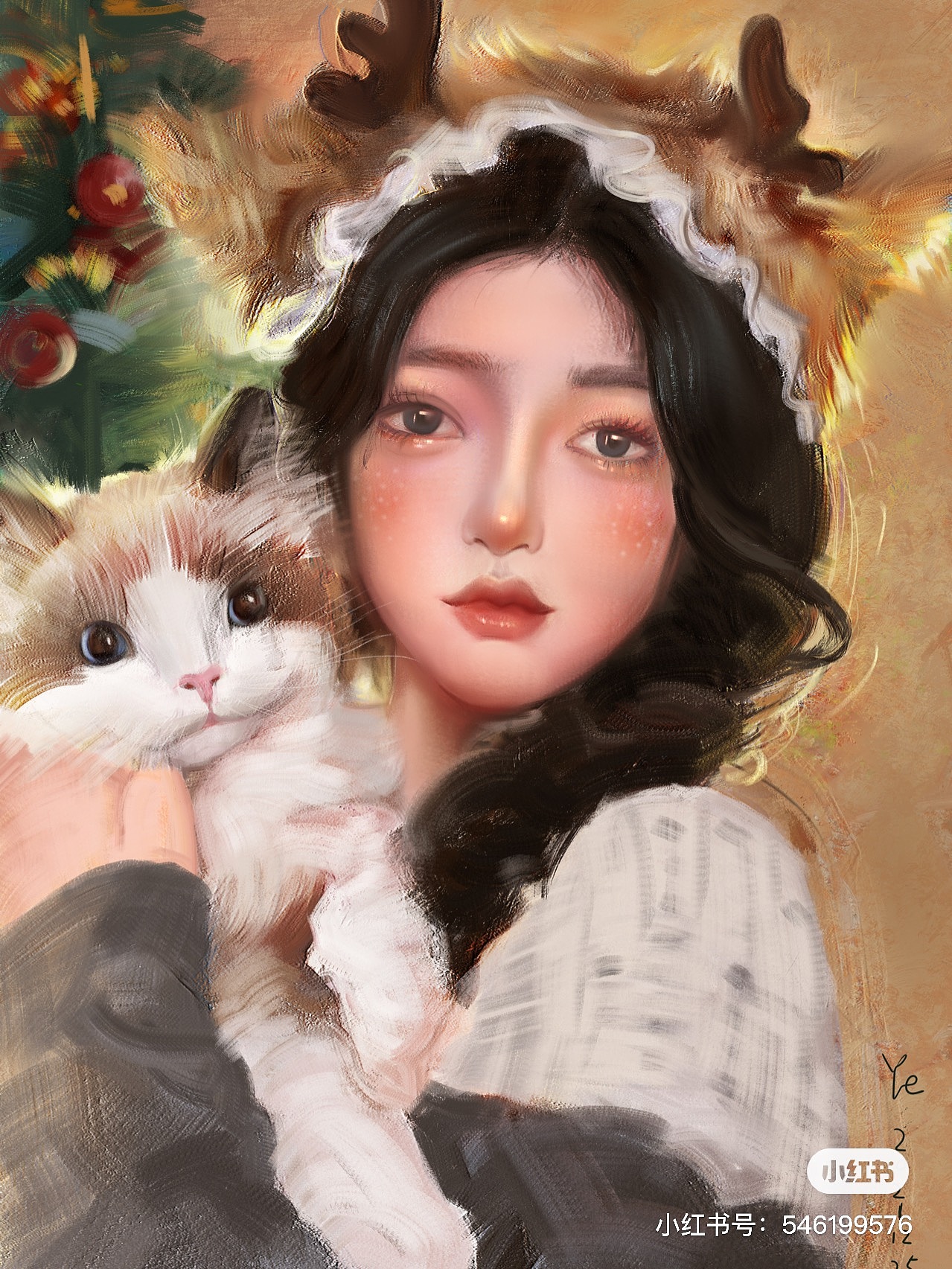 圣诞节给自己的礼物 麋鹿女孩子 色彩厚涂