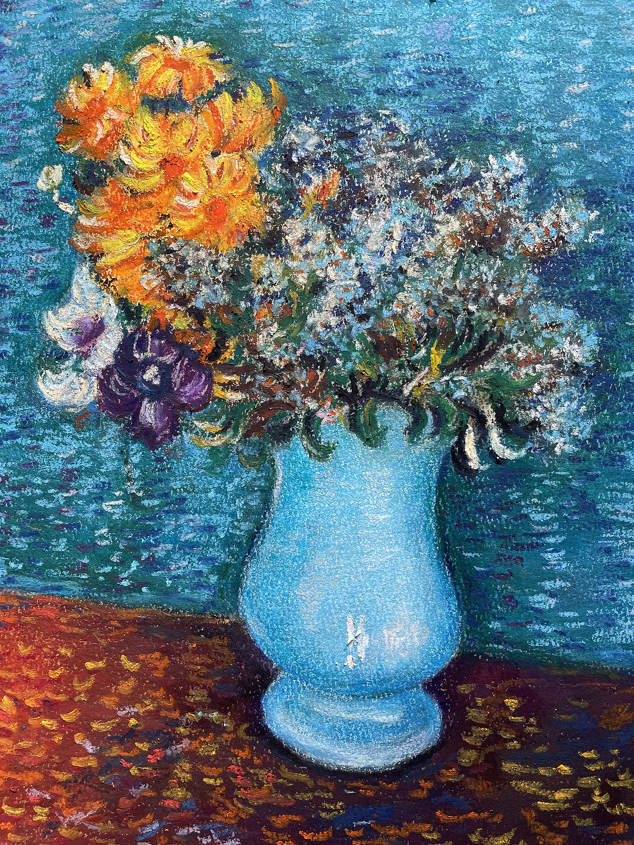 油畫棒臨摹梵高藍(lán)色花瓶里的花束（圖ZMjM5MjExOTg0） - 繪畫 - 站酷設(shè)計師慕漁藝術(shù)原創(chuàng)素材 - 站酷ZCOOL