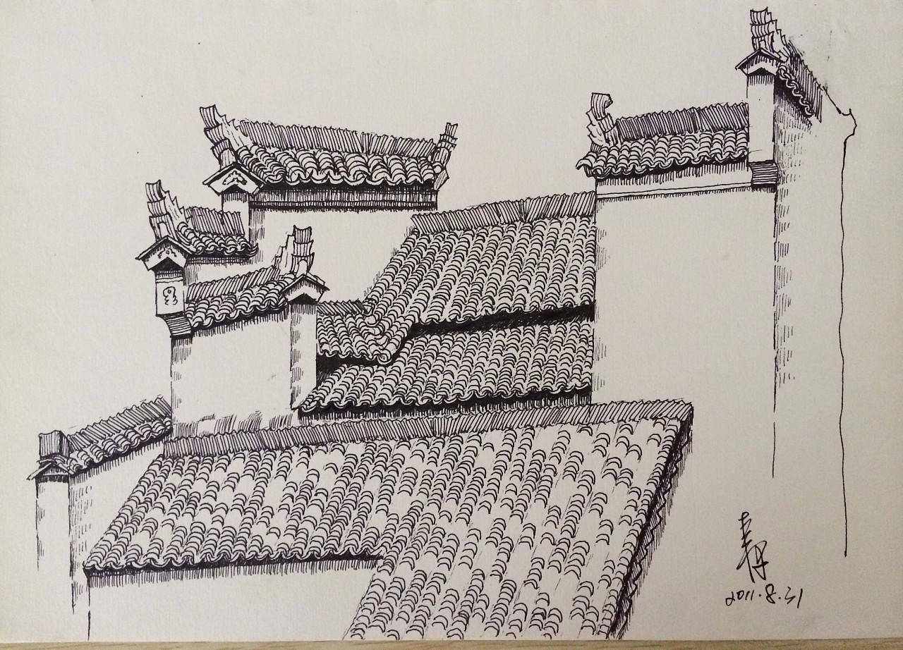 古建筑屋顶素描图片