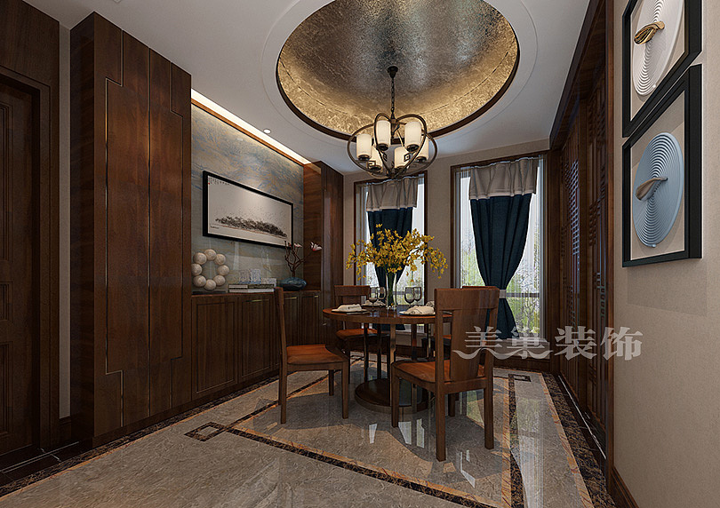 海马公园新中式风格装修样板间四室160大平层——餐厅设计,双色套现回形纹路波导线,做地面区域的划分