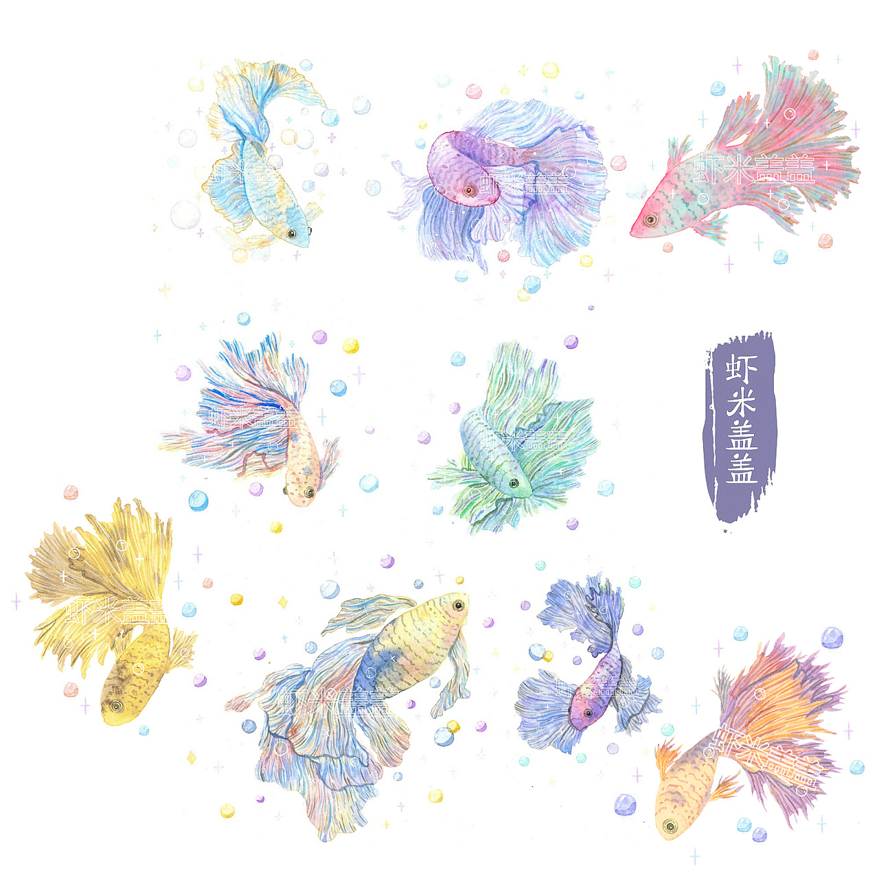 一组水彩手绘插画斗鱼