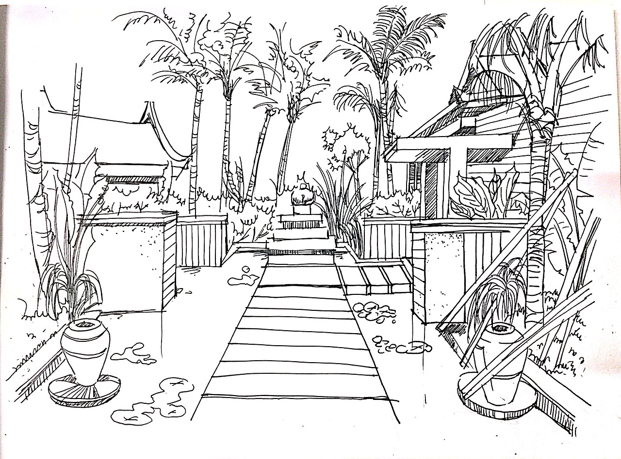 手绘线稿风景人物