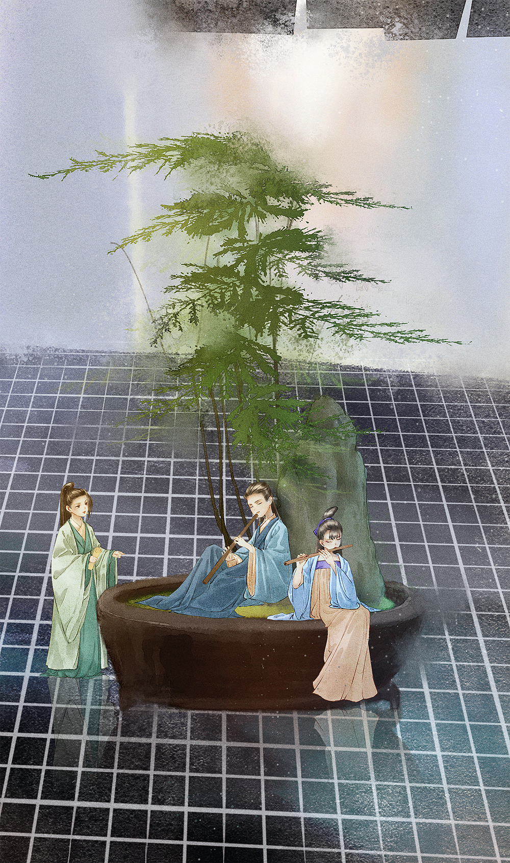 古风水彩花卉Q版人物